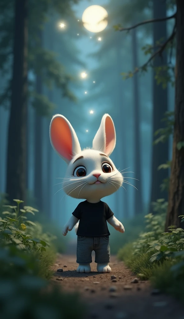 A cute 3D Pixar-style baby rabbit named  with soft white fur, big innocent eyes, and floppy ears, wearing a black t-shirt and gray jeans, walks confidently under the soft glow of moonlight. The light filters through the tall trees, casting a gentle illumin...