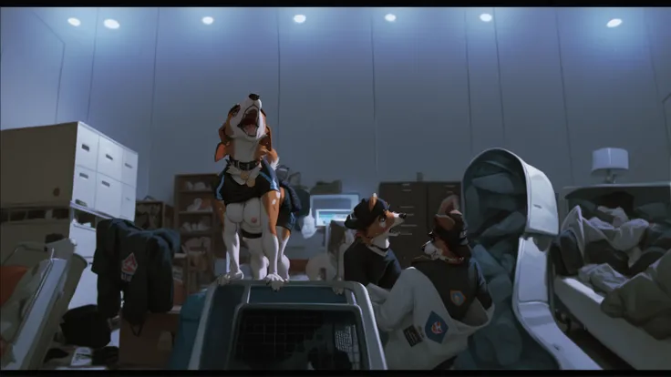 score_9, score_8_up, score_7_up, score_6_up, Anthropomorphic, furry beagle, wearing a black airport security sheet and an black leather collar with a badge, airport cargo room, barking 