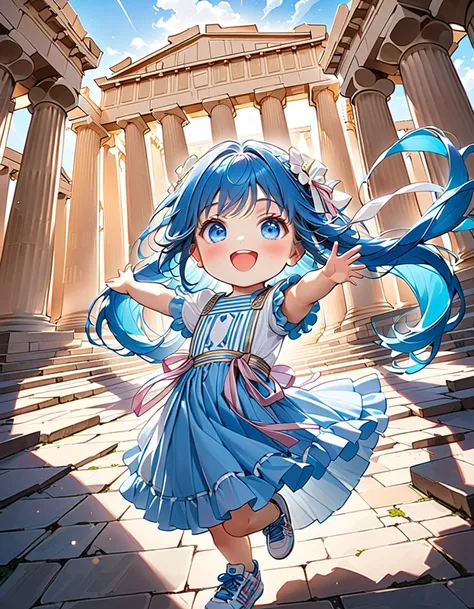 (( Parthenon:1.5:1.5))、((whole body, from above, front view)),　(( Look Up Above:1.5、 walking away cheerfully :1.5)、((Chibi:1.5、Chibiガール:1.5)))、 best quality、 high definition 、 detailed background、 beautiful face in every detail 、 anatomically correct 、Ultr...