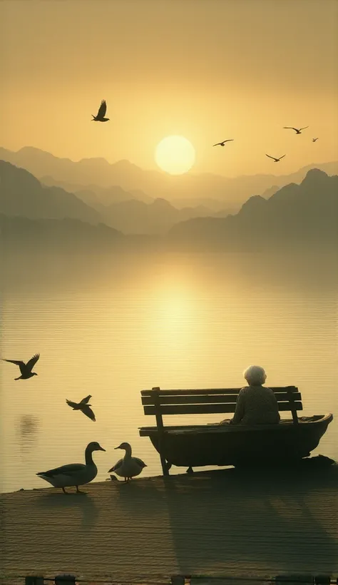 Back view of Grandma sitting on a bench by the lake, watching the sun set over the water and a family of ducks swimming. Evening atmosphere, a boat, three flying birds, distant mountains.