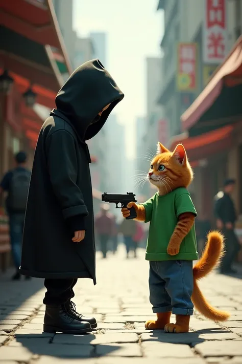 Generate a high quality 3D image:A thief dressed in black and holding a gun in his hand is standing with an aim on a black cat wearing a green T-shirt and blue pants in open city market.