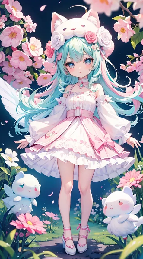 （（a sticker：1.5）））， （（chibi character））， （white backgrounid）， fluffly， Girl vs， Floral floral dress，  full body Esbian， pastel-colored hair， Pastel colors hair， fairytale-like，  Fringed skirt design， tmasterpiece， best qualtiy，Shining eyes、Cute Baby Turtle...