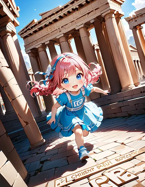 ((museum:1.5、"Ancient City Ruins" with the letters 、Model of the Parthenon :1.5))、((whole body, from above, side view)),　(( Look Up Above:1.5、Running well and leaving:1.5)、((Chibi:1.5、Chibiガール:1.5)))、 best quality、 high definition 、 detailed background、 be...