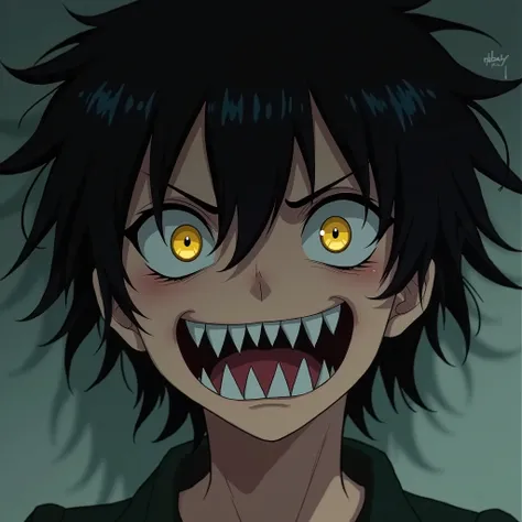 a young boy with long messy black hair, danganronpa style, crazy smile, sharp teeth, evil grin, excited, emo punk, yellow slit-pupil eyes, (best quality,4k,8k,highres,masterpiece:1.2), anime Danganronpa