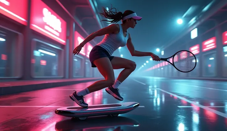 sportswoman tennis player on hoverboard in cyberpunk style, hits tennis ball with tennis racket, dark background, neon colors in cyberpunk style, hyperrealistic render