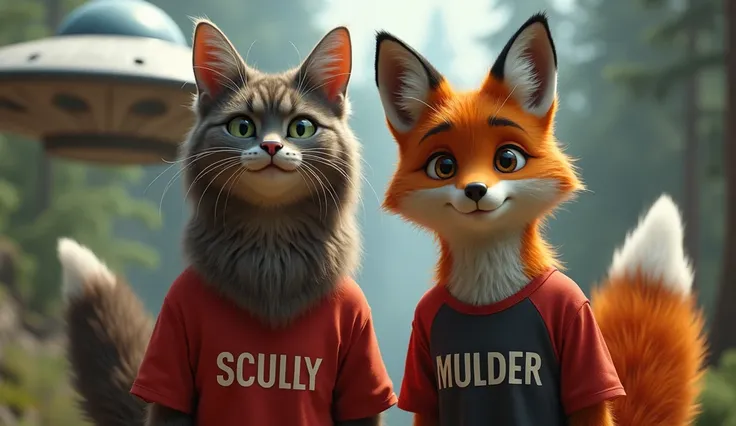 looking at camera directly from front view of a long hair dark BROWN tabby Maine Coon cat and a fox both are anthropomorphized, the fox is wearing a t-shirt with "MULDER" written on it very visible to read , and the cat is wearing a t-shirt with"SCULLY" wr...