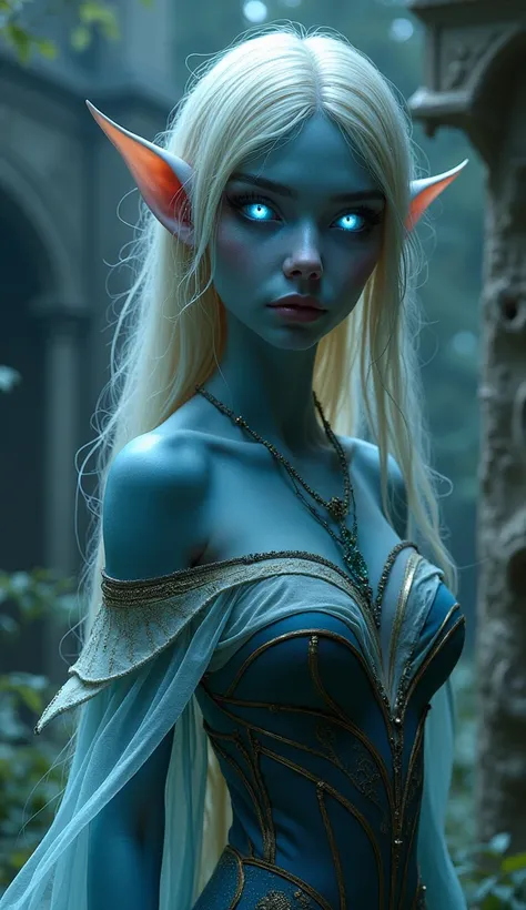 Half human half fairy,  no wings, blue skinned, blondie hair,  no wings, Eyes that glow in the dark,  of about , in medieval clothes