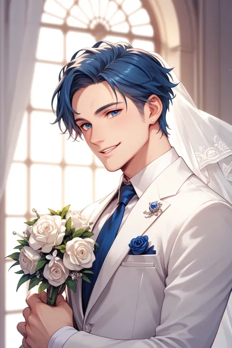 man dark blue short hair wearing an elegant white wedding suit with detailed embroidery, a soft and gentle smile on his face.