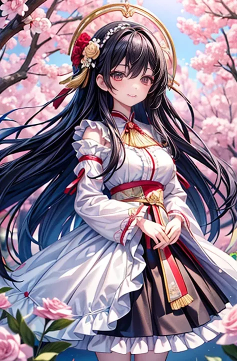 (tmasterpiece、top-quality、illustratio、Extremely high quality、high-level image quality、Extremely sensitive writing)Girl with long black hair standing in beautiful flower garden、A slight smile、She has a large bouquet、Cute national costume style dress，There a...