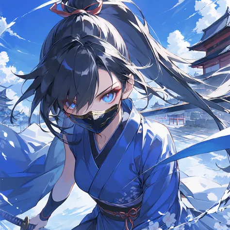  Masterpiece , high quality, high resolution, 16k, super detailed background, anime, Makoto Shinkai illustration, digital painting, kunoichi girl, one foot on the ground, transparent blue ponytail, hair over one eye, ninja costume, big eyes, long eyelashes...