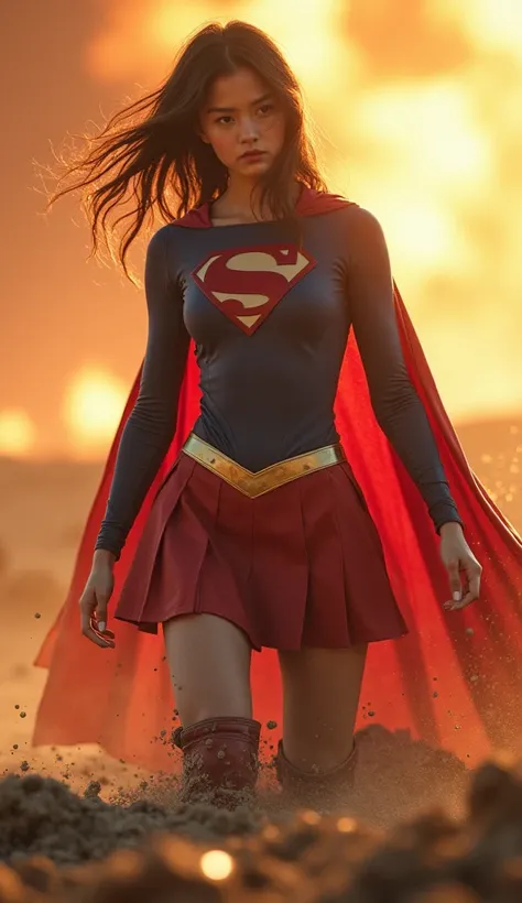 Cute Japanese、  supergirl 。  Action Movie  、  supergirl cosplay 、  and、 her torso is tightly tightened with iron chains 、 live action  、( スーパーガールがmagmaの池に沈んでいる )、 review、  Masterpiece 、beautiful girls、beautiful Eyes、Narrow eyes、   目が     is exploding    、A...