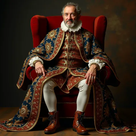 A 17th-century nobleman in a richly embroidered cloak, seated on a velvet chair; the gleaming threads of his garments, the smooth sheen of polished leather boots, and the warmth of his aged face are captured in lifelike detail.