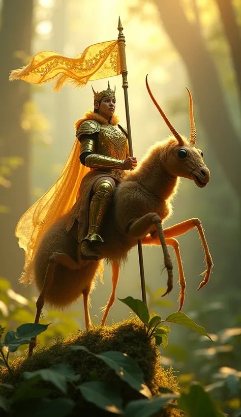 Macro image of a royal champion clad in golden armor, riding a massive leafcutter ant. The champion carries a banner made of spider silk embroidered with tiny jewels. The ant climbs a blade of grass, with the background featuring a sunlit forest floor in s...