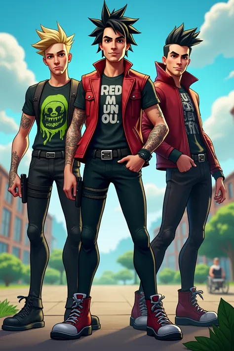 Crie uma concept arts de skins da banda green day com o fortnite,showing what the bands participants would look like if they were skins in the game