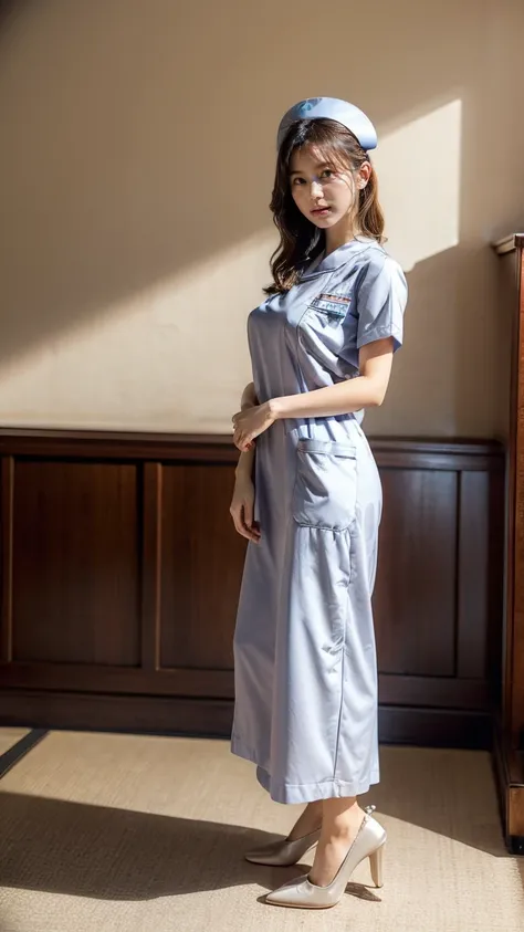 a beautiful young 24-year-old Japanese woman, beautiful, detailed anatomy, beautiful skin, random hair color and hairstyle, big breasts, nurse hat, (nurse uniform:1.3), nurse cap, full body shot, high heels, hospital, (best quality,8k, masterpiece:1.3), (e...