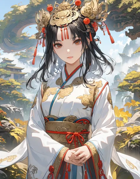 A girl, ancient Chinese costume, whole body, sunshine, clear face, clean white background, masterpiece, super detail, epic composition, ultra HD, high quality, extremely detailed, official art, uniform 8k wallpaper, super detail, 32k