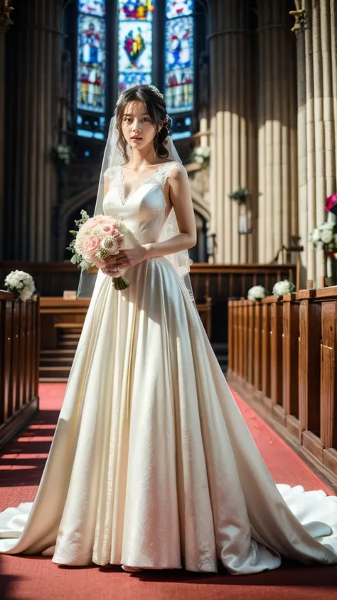 A beautiful young Japanese woman, 26 years old, with healthy thighs, beautiful legs, flawless skin, random hair color and style, large breasts, wearing a (wedding dress:1.3), full body shot, high heels, holding a bouquet in her hands, in a church setting, ...