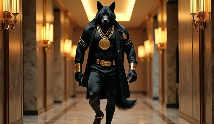 A photo of a muscular, anthropomorphic black wolf walking down a chic hallway. He is dressed in a black ALPHA outfit with gold detailing, a thick gold chain with the JESUS plaque, gold bracelets, and shiny patent leather shoes. The wolf holds a mobile phon...