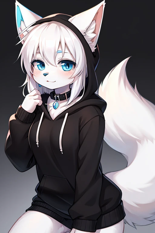 furry fox girl, white fur, cute, black clothes, white hair, blue eyes, hoodie, collar, white fluffy fox tail