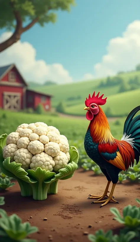 A cauliflower and a Indian chicken face to face. Farm scene