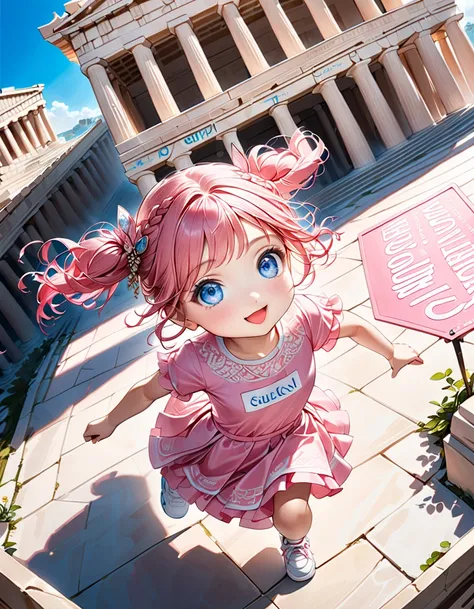 (( Parthenon:1.5))、((whole body, from above, back view)),　(( Look Up Above:1.5、Running well and leaving:1.5)、((Chibi:1.5、Chibiガール:1.5)))、 best quality、 high definition 、 detailed background、 beautiful face in every detail 、 anatomically correct 、Ultra-deta...