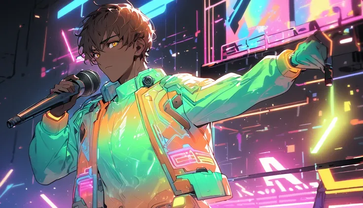 Handsome, single, clearly washed out with brown skin, male, orange eyes, short, short brown hair, neon colored sci-fi robot suit. Mixes sci-fi and neon tones. Behind it is a robot with neon lights. In the background, a large robot clearly sings on stage, w...