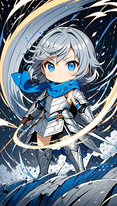 Chibi-style anime character, heavily stylized in Japanese animation. A swift and agile girl clad in silver armor with a flowing blue scarf. She stands on a towering mountain peak, her twin blades spinning to create a violent hurricane. Debris, leaves, and ...