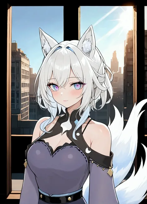 (masterpiece, best quality), 1Female, cute and beautiful Female, Short hair, white hair, pony tail hair, light blue and light pink eyes, beautiful detailed eyes, fox ear, city, looking at viewer,natural lighting, vibrant colors, cinematic lighting, soft fo...