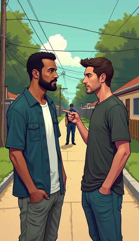  Create a scene on a simple neighborhood street , with two people talking. One of them,  Seu Dódo ,  is casually dressed ,  looking calm ,  while the other points to a situation in the background,  where police officers approach a man  (Codor Neto ).  The ...