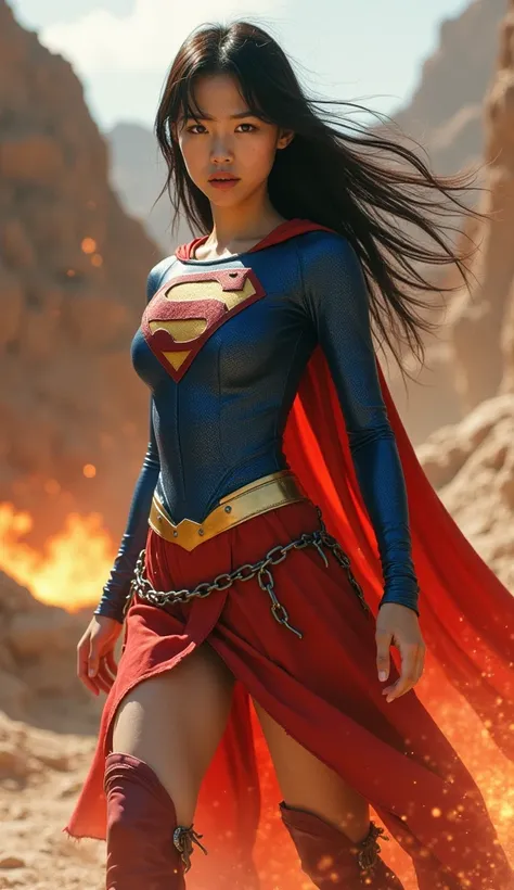 Cute Japanese、  supergirl 。  Action Movie  、 Wear a supergirl costume、  and、(( her torso is tightly tightened with iron chains :1.5))、 live action  、( スーパーガールがmagmaの池に沈んでいる )、 review、  Masterpiece 、beautiful girls、beautiful Eyes、Narrow eyes、   目が     is ex...