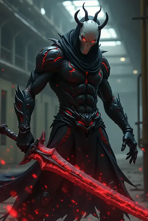   masterpiece . Shadow hollow , symbiote body .  Black hellish sword with bright red runes ,  unrealistic white mask ,  bright red eyes . (dynamic fighting pose).   In the background you can see the interior of an abandoned factory,