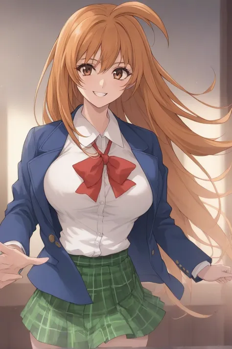 best quality,masterpiece,looking at viewer,absurdres,1girl,score_9,score_8_up,score_7_up,source_anime BREAK natsume aya,orange hair,long hair,brown eyes,ahoge,breasts,white ,skirt,bow,plaid,large breasts,jacket, plaid, green plaid skirt, blue blazer, evil ...