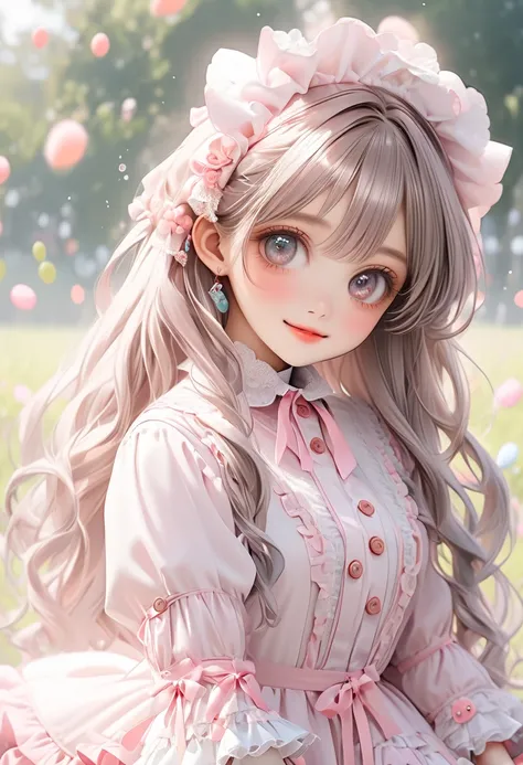 One cute girl, long fluffy hair in a braid, white hair, big lovely eyes, curled eyelashes, brown eyes, smiling, fun, frilled (frilled shirt)，
(frills around the buttons)
(frills around the collar)
(flared skirt)，(adorable cute big eyes)
lace-up boots, loli...