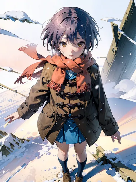 (masterpiece),( best quality), Yuki, Khaki Coat ,  scarf, kneehighs, Blank Eyes, Expressionless face, , snow, snowing, wind、windになびくコート、 from above、snow景色の街、(Open the coat)、windになびくコート