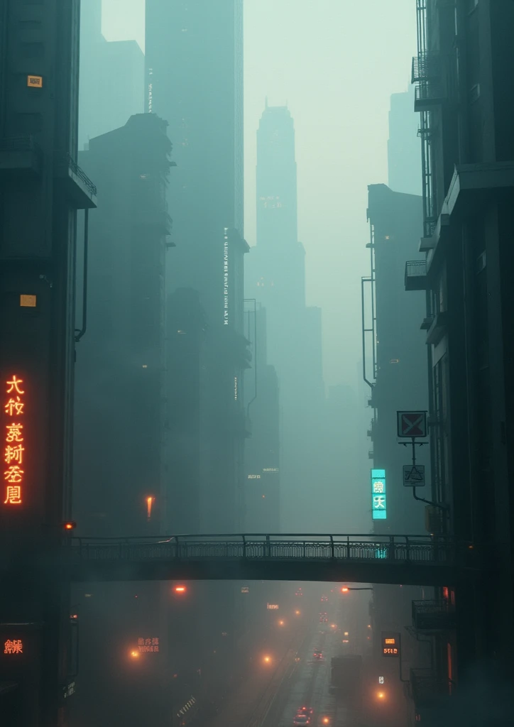 The cityscape of a cyberpunk city shrouded in thick, enigmatic fog、Distant and Near Views、Up-down、evening