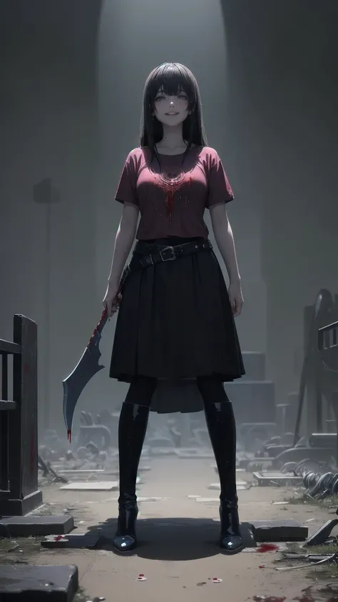 Shaded face　、beautiful girl、とてもcute天使、Pink T-Shirt、cute、baby face、Smile、Long Skirt、Black long bootS、.(HigheSt quality,4K,High reSolution,maSterpiece:1.2), very detailed,RealiStic:1.37, Spooky altar background ,Dark fantaSy,Red color Scheme,OminouS atmoSphe...