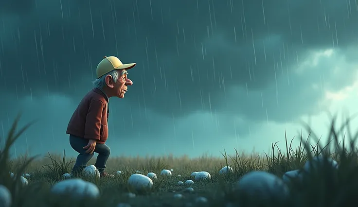 "A 3D cartoon-style illustration featuring an elderly man wearing a cream-colored cap, standing in a field during a heavy rainstorm, with both rain and large hailstones (ola) falling from the sky. The sky is filled with dark, thick clouds, and the hailston...