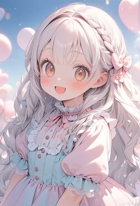 One cute girl, long fluffy hair in a braid, white hair, big lovely eyes, curled eyelashes, brown eyes, smiling, fun, frilled (frilled shirt)，
(frills around the buttons)
(frills around the collar)
(flared skirt)，(adorable cute big eyes)
lace-up boots, loli...