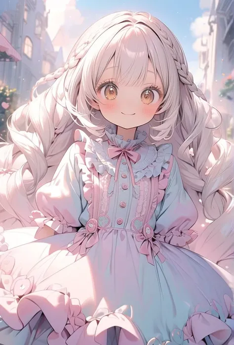 One cute girl, long fluffy hair in a braid, white hair, big lovely eyes, curled eyelashes, brown eyes, smiling, fun, frilled (frilled shirt)，
(frills around the buttons)
(frills around the collar)
(flared skirt)，(adorable cute big eyes)
lace-up boots, loli...