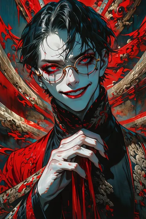 1Boy, round glasses, bangs covering the eyes, sharp eyes, kneeling posture, looking up from below, magic tower, scarred face, pale skin, red eyes, empty eyes, long nails, red lips, thick lips, crazy eyes, crazy smile, masterpiece, best quality, clear image...