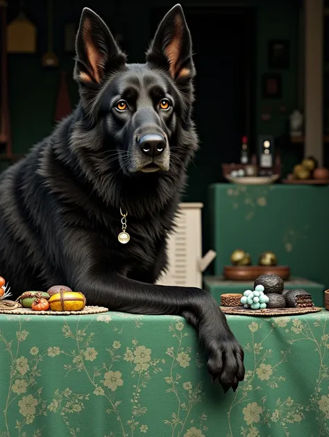 A BLACK GERMAN SHEPHERD DOG SITTING SELLING GOODS IN THE MARKET BEHIND THERE IS A SEA, A BOAT PARKED FULL OF BEACHES