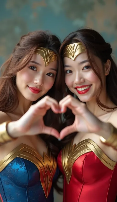  live action 、smile、( Japanese、cute、   wonder woman   と Japanese、cute、 supergirl。  face the camera  、 make a heart mark with your hands )、 live action 、Live action On the left is Japanese、cute、   wonder woman   。   brown hair、    Masterpiece  、  cute女の子 、 ...