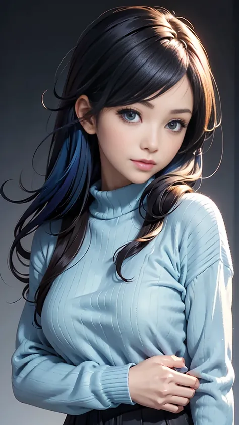 Illustrator, Anime , Realistic ,sketch , 1girl in, ,lip, Sweaters,order, Blue gradient background, Neon Hair,textured crop, Canadian, (masutepiece,Best Quality)