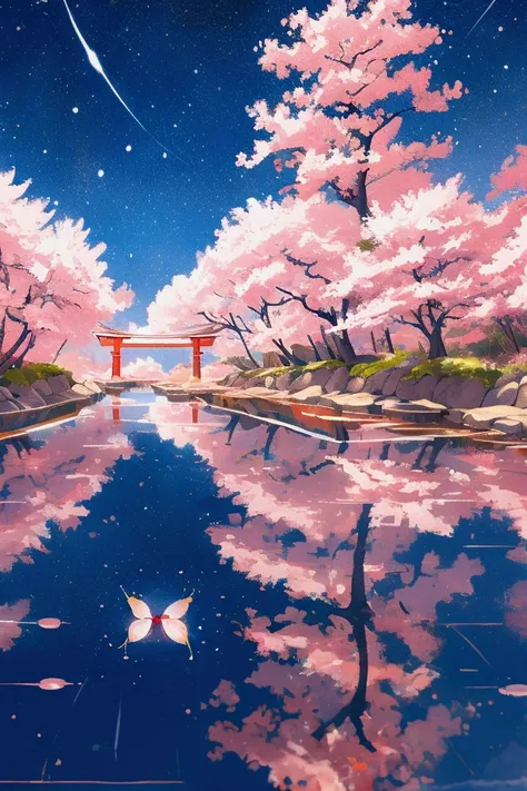 illustration japon, Water, TREE, Sakura, torii,  Aerial photography ,  starry sky , reflection, Lamp, firefly, color