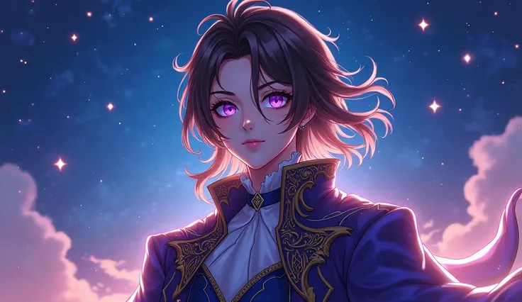 Anime man with long brown hair, bright purple eyes, fantasy costume, night sky background