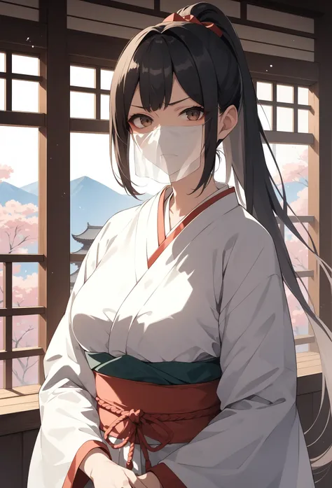 Anime-style character, source_anime, neolight, Adult, mature woman, 26 year old, anime girl wearing a Shrine maiden and wearing white mouth veil, anime girl with cute face, pouting, contempt, disgust, shaded face, looking at viewer, frown, (perfect anatomy...