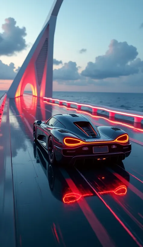 The black Koenigsegg tears across a futuristic bridge spanning a vast ocean, with glowing red lights embedded in the sleek architectural structure. The reflection of the car on the glassy water below adds a surreal touch, while the glowing headlights and t...