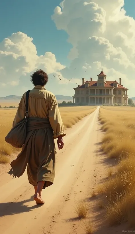 Parable of the prodigal son :
 A young man in worn clothes walking down a dusty road,  carrying a small bag of belongings ,  while a majestic home is on the horizon .