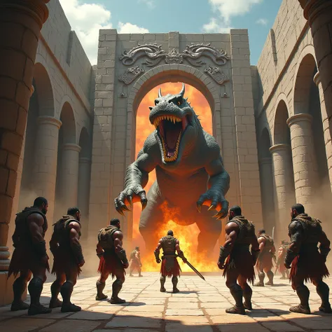 generate me in dramatic illustration as comseptual art. In a runcon of a Roman coliseum-style fighting arena, made of megalithic stones, a large and heavy door with a dragon engraving opens to give way to a ferocious carnotaur roaring with its faudes that ...