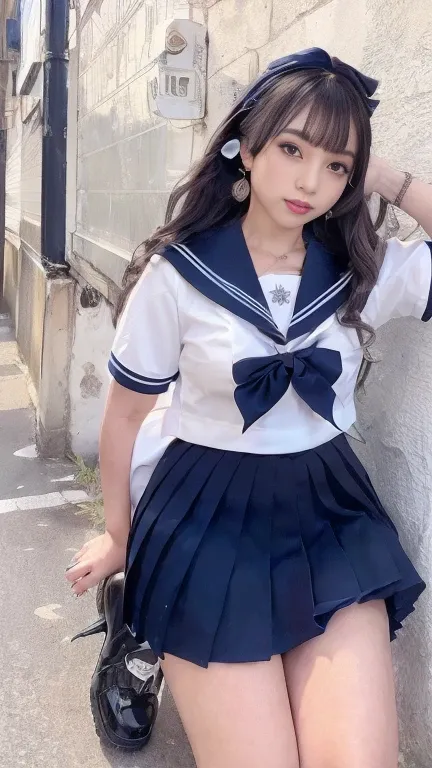 full body shot, from below,  japanese mature,  detailed face , smile,  Detailed skin texture ,  white skin,  heavy makeup,  long hair, (curvy body,  plump thighs:1.3), ( school uniform,  sailor suit , JK_style, short-sleeved JK_sailor,  dark blue pleated m...